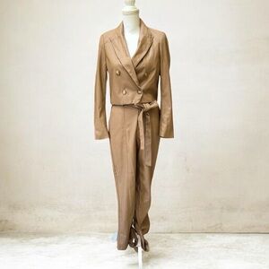 NWT Lucy Paris Vegan Leather 2PC Camel Color DBL Breast Crop Blazer Pants Set Sm